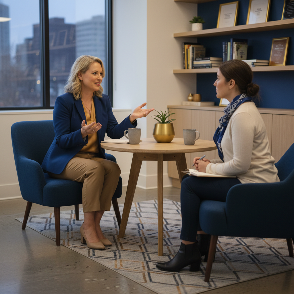 Profissional de RH conduzindo sessão de mentoria